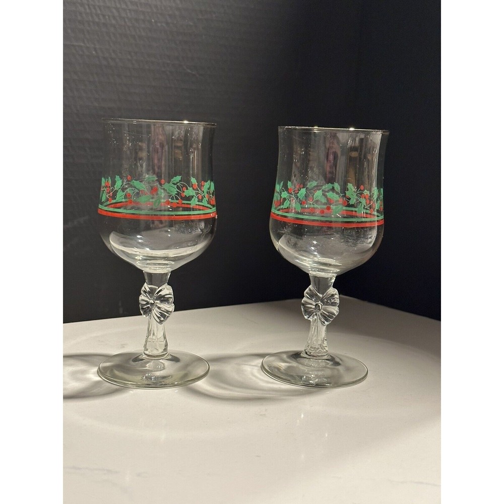 Arby’s Christmas Holly Berry Bow Stem Holly Vtg Goblets Libbey Parfait Bowl Set - Picture 1 of 16